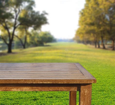 Empty Free Space Top Wood Table On Green Grass Field Against Sun Stock