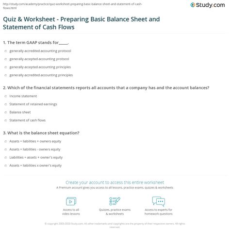 Quiz And Worksheet Preparing Basic Balance Sheet And Statement Of Cash Flows