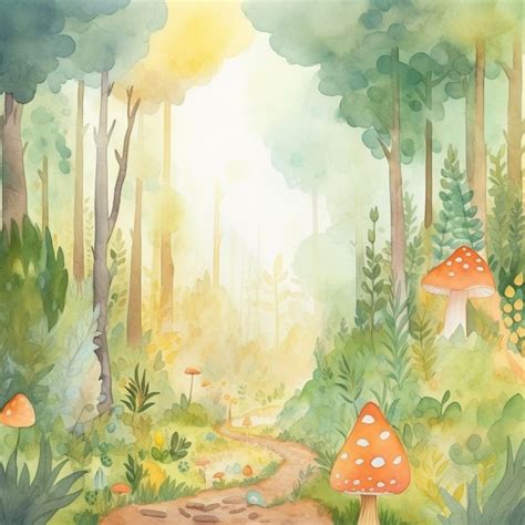 Uma Pintura Em Aquarela De Uma Cena De Floresta Cogumelos E Um