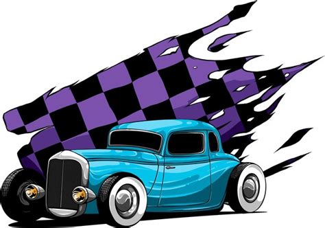 Ilustración del coche hot rod con bandera de carrera Vector Premium