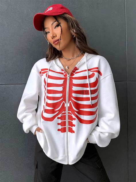 Shein Coolane Skeleton Print Zip Up Drop Shoulder Drawstring Thermal