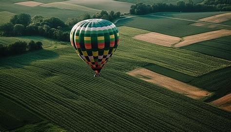 Premium AI Image Colorful Hot Air Balloon Soars Above Scenic Rural Landscape Generated By