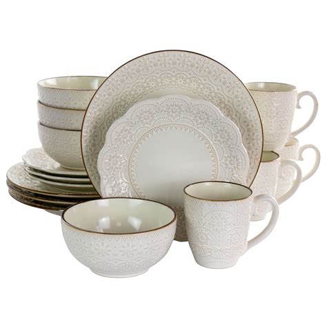 Elama Contessa 16 Piece Embossed Scalloped Stoneware Dinnerware Set in ...