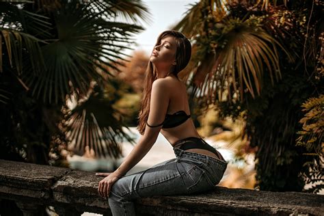 Обои women sitting brunette ass black lingerie closed eyes jeans women outdoors long