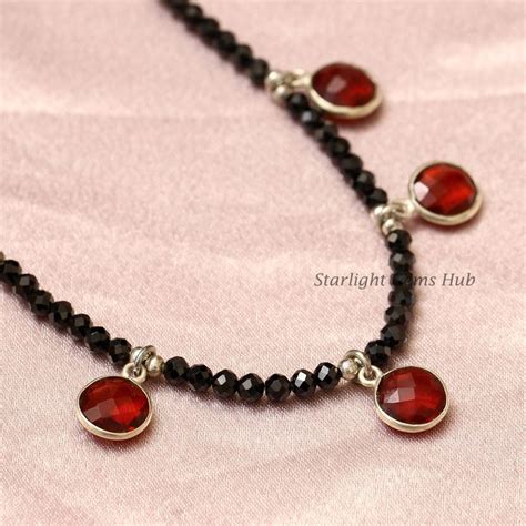 Natural Black Spinel With Dangling Red Onyx Charm Necklace Mm Faceted