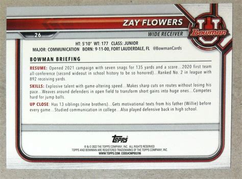 2022 Bowman U Zay Flowers Rookie RC 26 1st Bowman Card Boston College