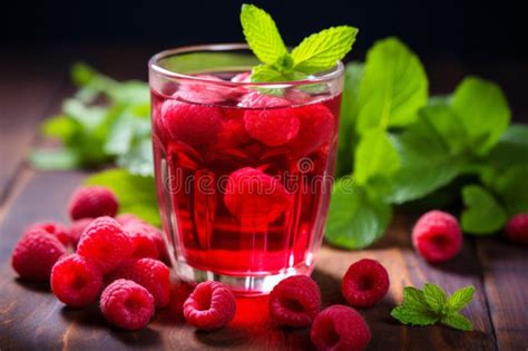 Red Fruit Tea With Raspberry And Mint Glass Of Cold Raspberry Tea