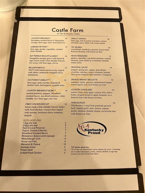 Menu At The Kentucky Castle Restaurant Usa