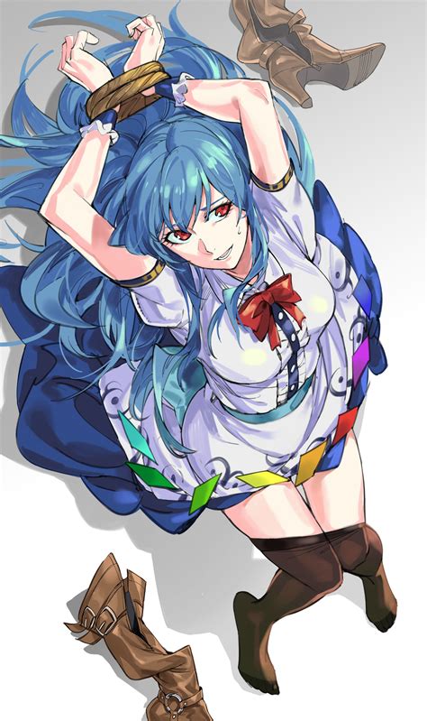 Safebooru 1girl Absurdres Apron Arms Up Bdsm Blouse Blue Hair Blue Skirt Bondage Boots Boots