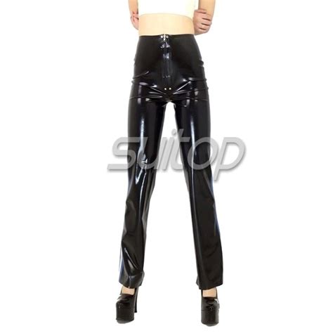 Suitop Womens Females Rubber Pants Latex Trousers With Front Zipper In Black Color