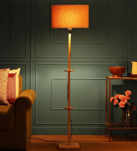 Buy Phantom Beige Fabric Shade Club Floor Lamp With Wood Base At