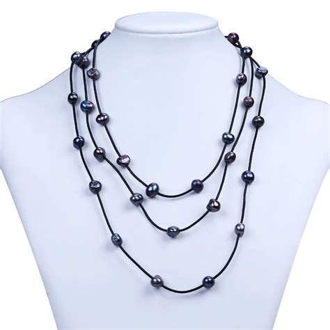 Fashion Leather Cord Pearl Necklace Layers Strands With Real Black