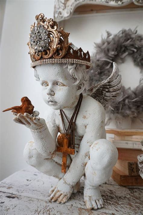 Cherub Angel Statue Holding Bird French Santos Rusty Handmade Crown