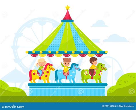 Kids On Round Carousel With Horses Children Ride Merry Go Round In