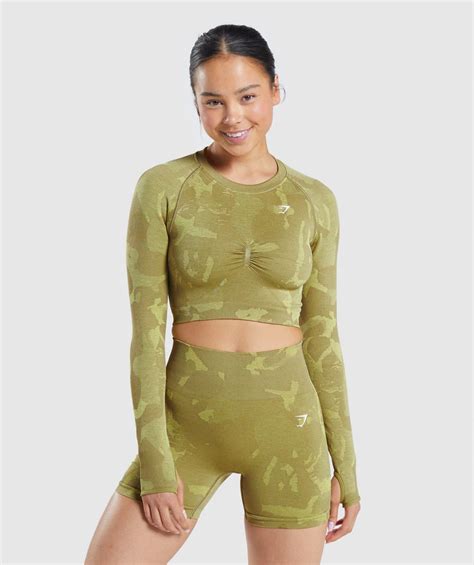 Gymshark Adapt Camo Seamless Long Sleeve Crop Top Savanna Griffin