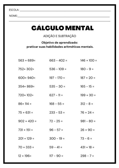 Atividades de Cálculo Mental Adição e Subtração