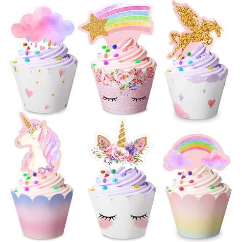 Buy Unicorn Cupcake Toppers and Wrappers Unicorn Birthday Party Decorations Supplies Rainbow ...