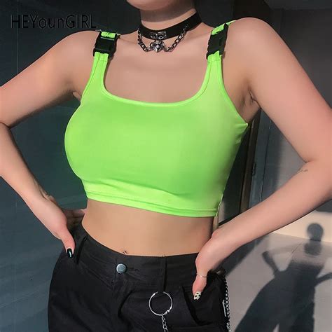 Heyoungirl Harajuku Neon Green Women Tank Tops Tees Shirt Casual