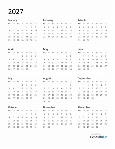 2027 Yearly Calendar Templates with Monday Start