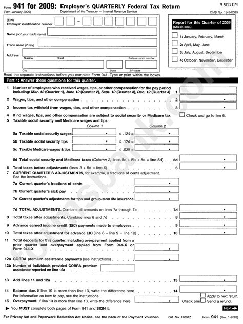 Form 941 Employers Quarterly Federal Tax Return 2009 Printable Pdf