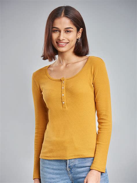 Buy Solids Mustard Women Ribbed Henley Tshirt Online