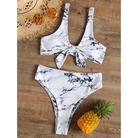 Zaful New Knot Marble Print Bikini Set Scoop Neck High Waist