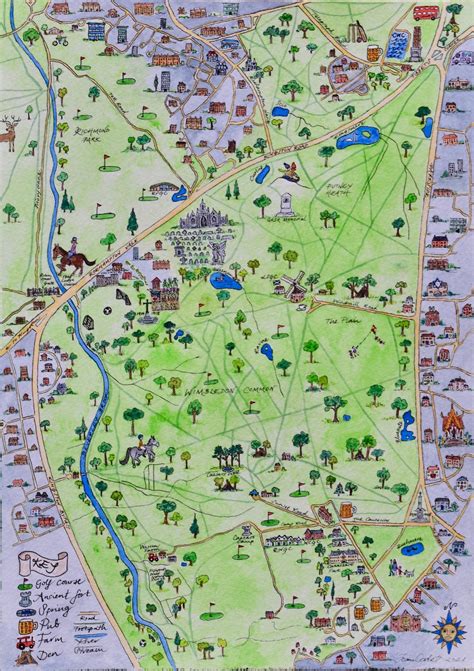 Wimbledon Common Map Antique Effect Print of Original Watercolour by Jo ...