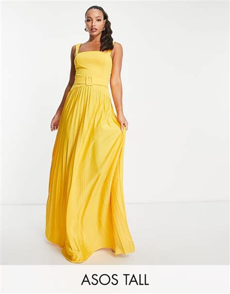 Asos Design Tall Square Neck Dropped Waist Belted Pleat Maxi Dress In