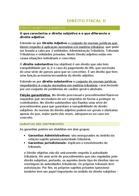 DF II DIREITO FISCAL II DIREITO SUBJETIVO E ADJETIVO O Que