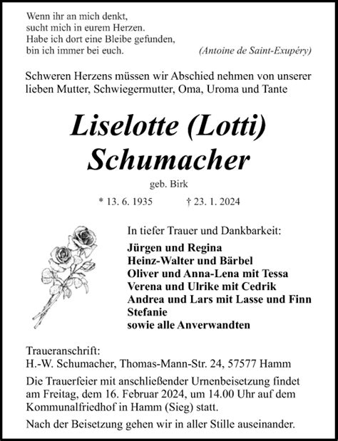 Traueranzeigen Von Liselotte Schumacher Rz Trauer De