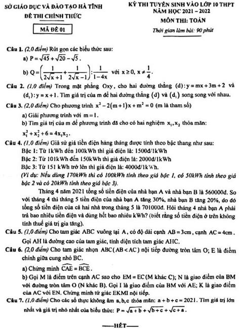 Đề Thi Toán Vào 10 Thpt Tỉnh Hà Tĩnh 2021 2022 Có đáp án Học Toán 123