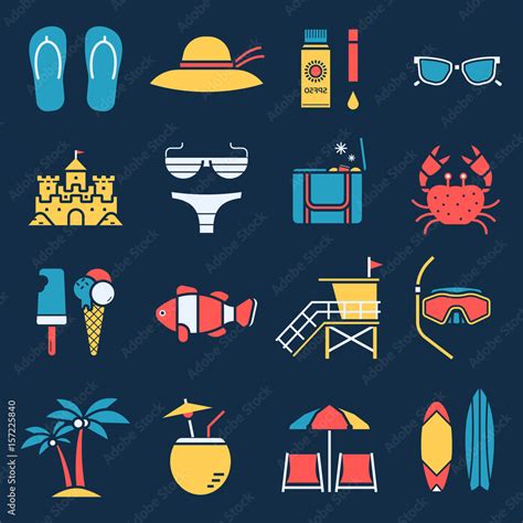 Summer Beach Icon Set Summertime Sea Travel Vacation Collection In Linear Style Sunbathing