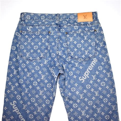 Louis Vuitton X Supreme Lv Monogram Box Logo Blue Denim Jeans Eluxive