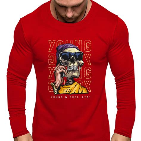 Plus Size Mens Long Sleeve Skull Print T Shirts Casual Street Wear