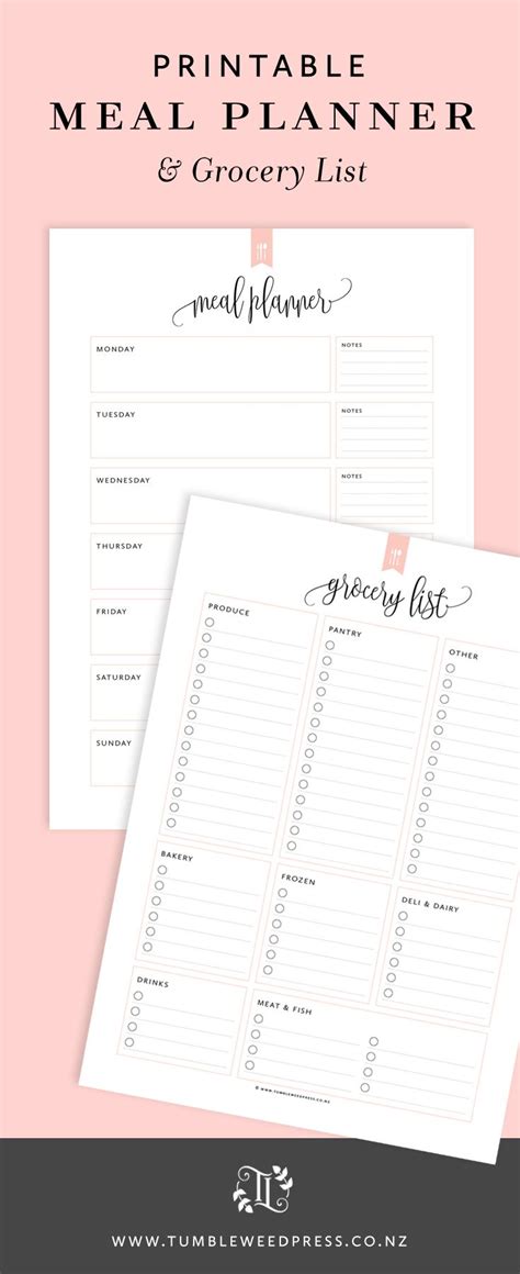 The Printable Meal Planner And Grocery List Is Shown On Top Of A Pink