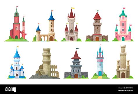 Cartoon Castle Kingdom Palace And Fairytale Fortress Set With Towers