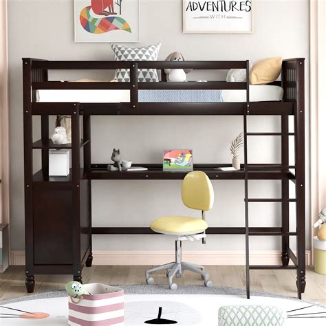 Wood Loft Bed Twin Size, Twin High Bed Frame w/Built-in Desk & Drawers ...