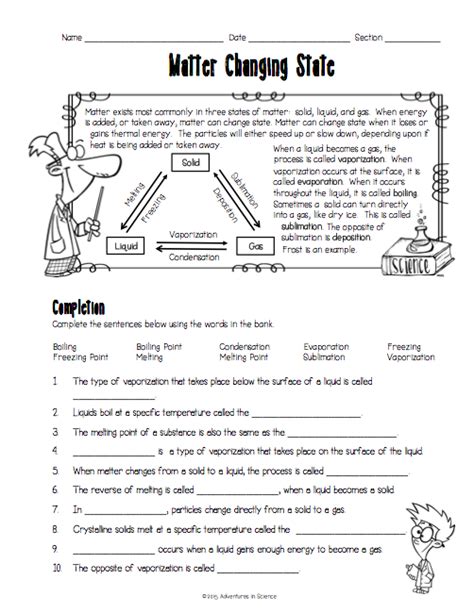 States Of Matter Worksheets Grade 6