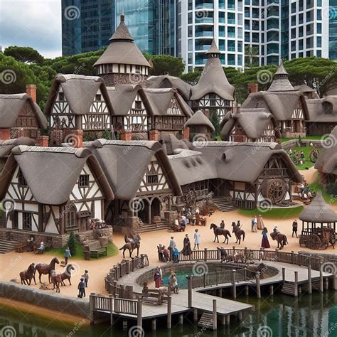 A Medieval Village Scene in a Modern City Park, with Thatched C Stock ...