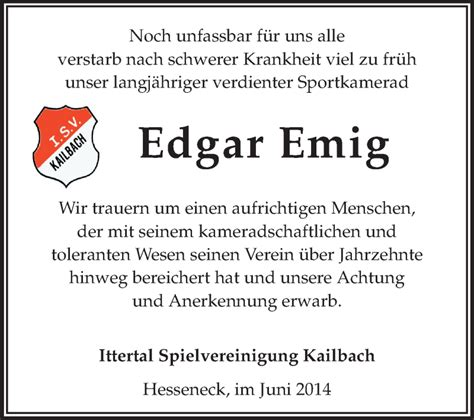 Traueranzeigen Von Edgar Emig Vrm Trauer De