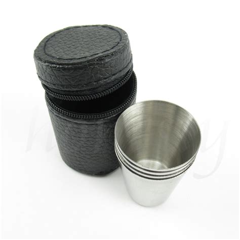 4pcs Camping Travel Stainless Steel Shot Glass Set With Pu Leather Case Cover Ebay