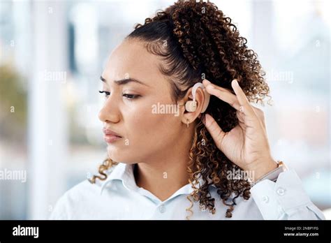 Hearing Aid Black Woman And Deaf Ear And Technology Device To Listen Communication And Support