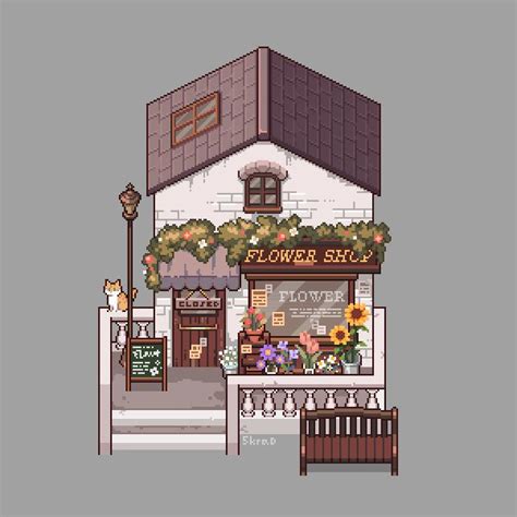 The Front Of A Flower Shop With Benches And Flowers On The Outside In