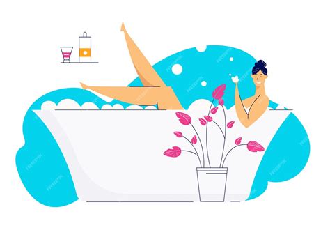 Premium Vector Happy Young Woman Relaxing In Bath Full Of Foam