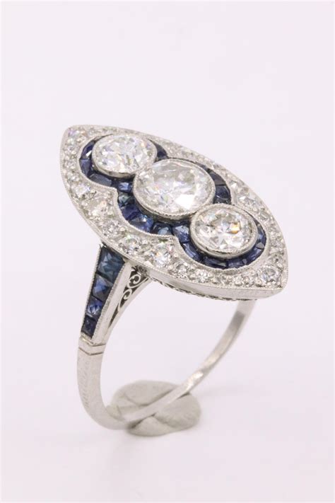 Sapphire Diamond Art Deco Inspired Ring 4 Carat Platinum For Sale At
