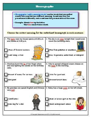 Worksheet Homographs Choose The Correct Meaning For The Underlined