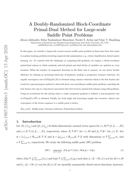 Pdf A Randomized Block Coordinate Primal Dual Method For Large Scale Saddle Point Problems