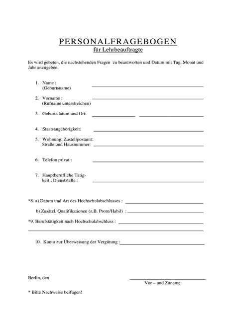 Ausfüllbar Online Personalfragebogen fr Lehrbeauftragte Fax Email