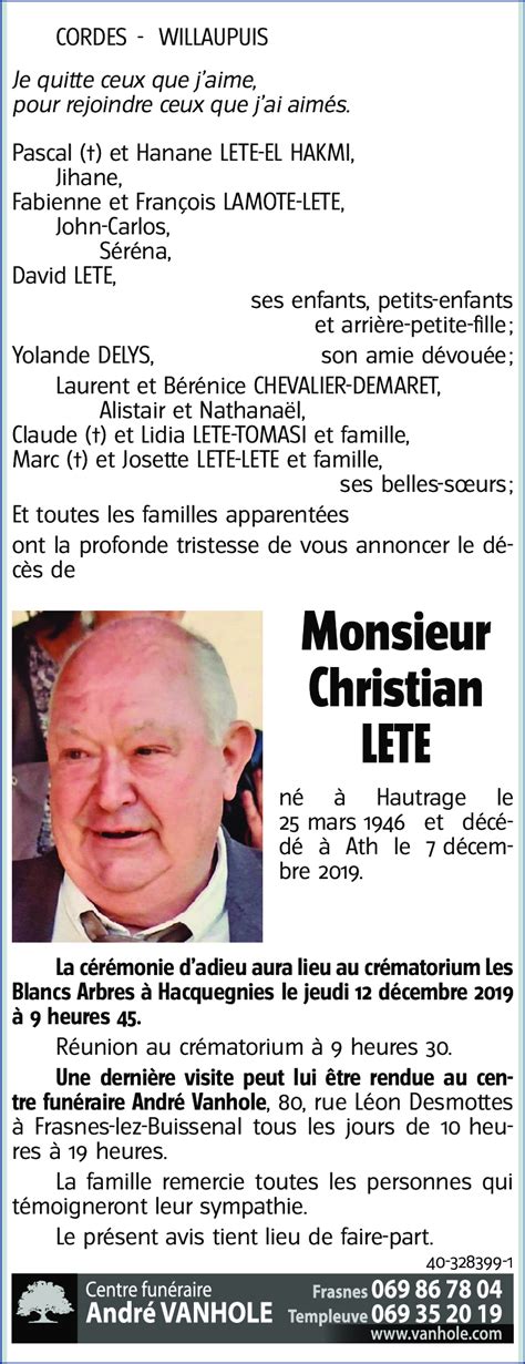 Avis De Décès De Christian Lete Décédé Le 07 12 2019 à Ath Annonce