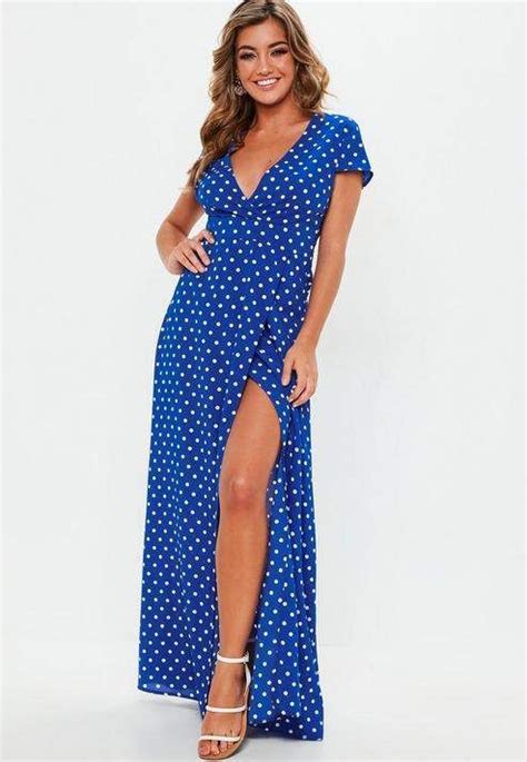 Blue Polka Dot Short Sleeve Maxi Dress